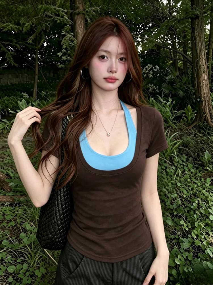 벨트 가슴 패드 원본 종류 광저우 원단 한 배색 행침 목 투피스 조끼 이미지 4