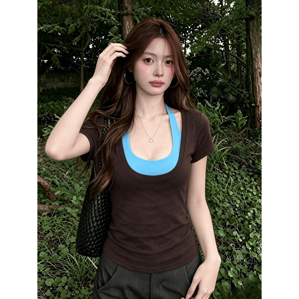 벨트 가슴 패드 원본 종류 광저우 원단 한 배색 행침 목 투피스 조끼 이미지 5