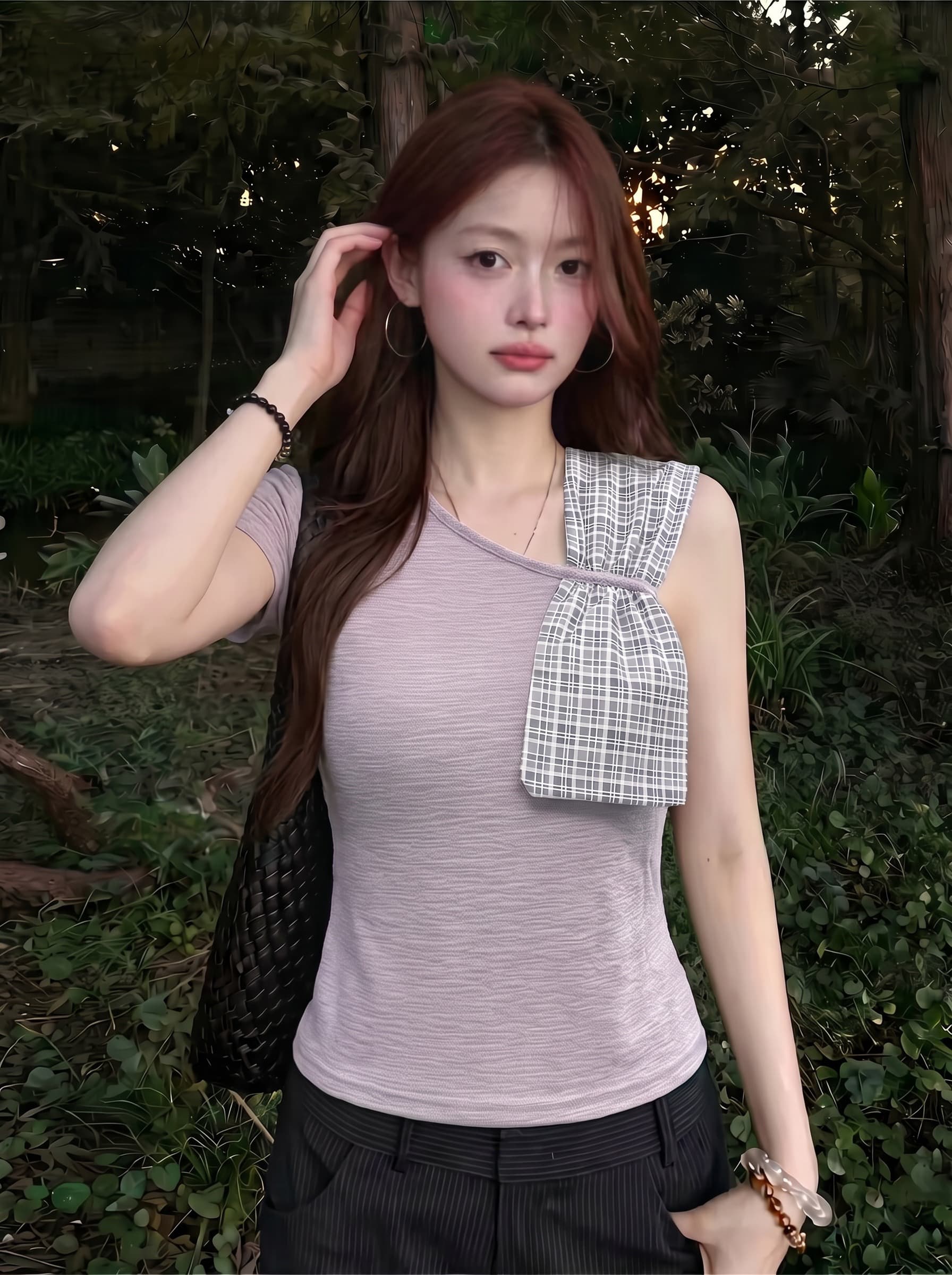 원본 광저우 원단 양면 주름 주름 면 한 부서 나비 매듭 반팔 티셔츠 이미지 3