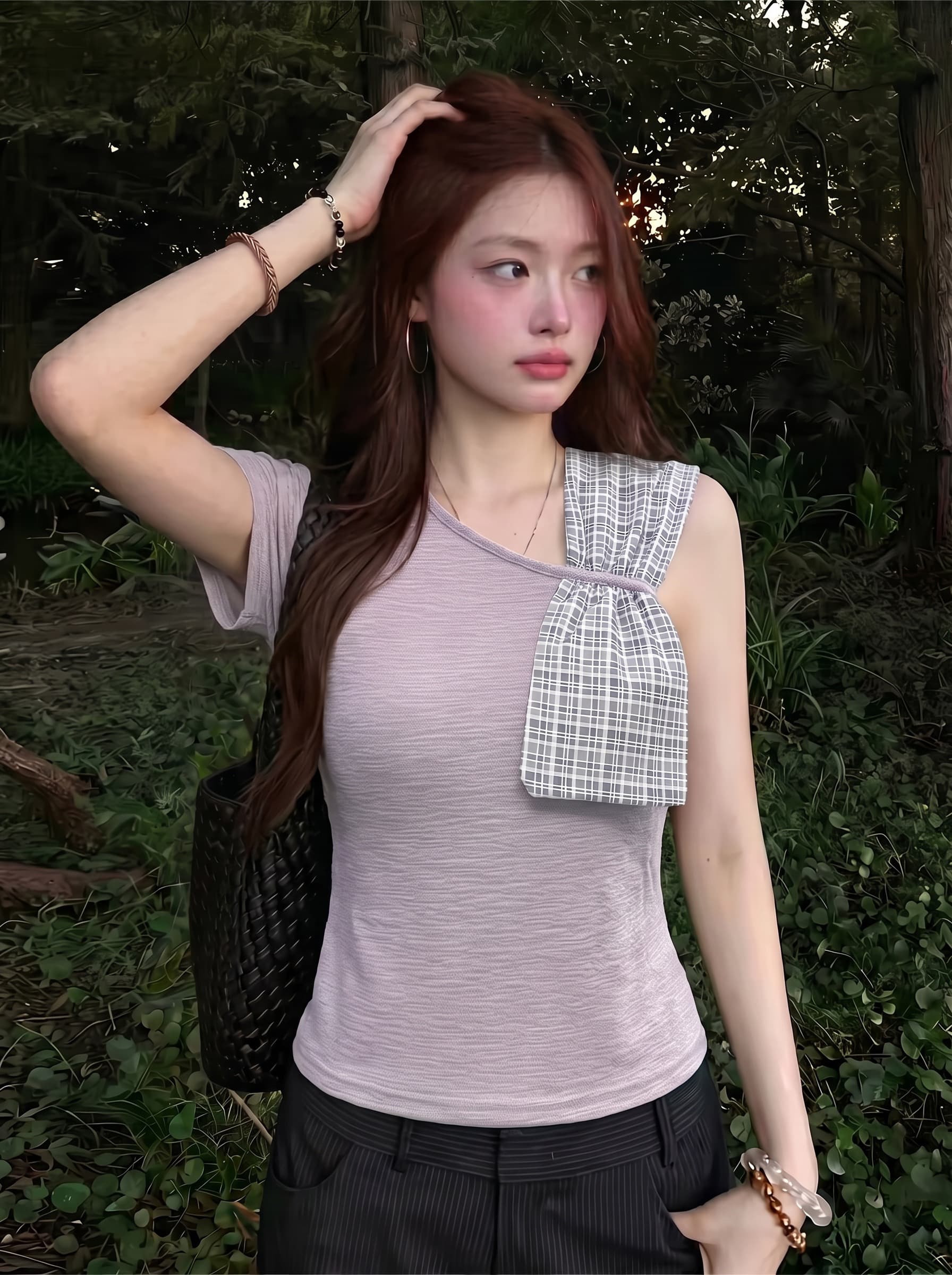 원본 광저우 원단 양면 주름 주름 면 한 부서 나비 매듭 반팔 티셔츠 이미지 4