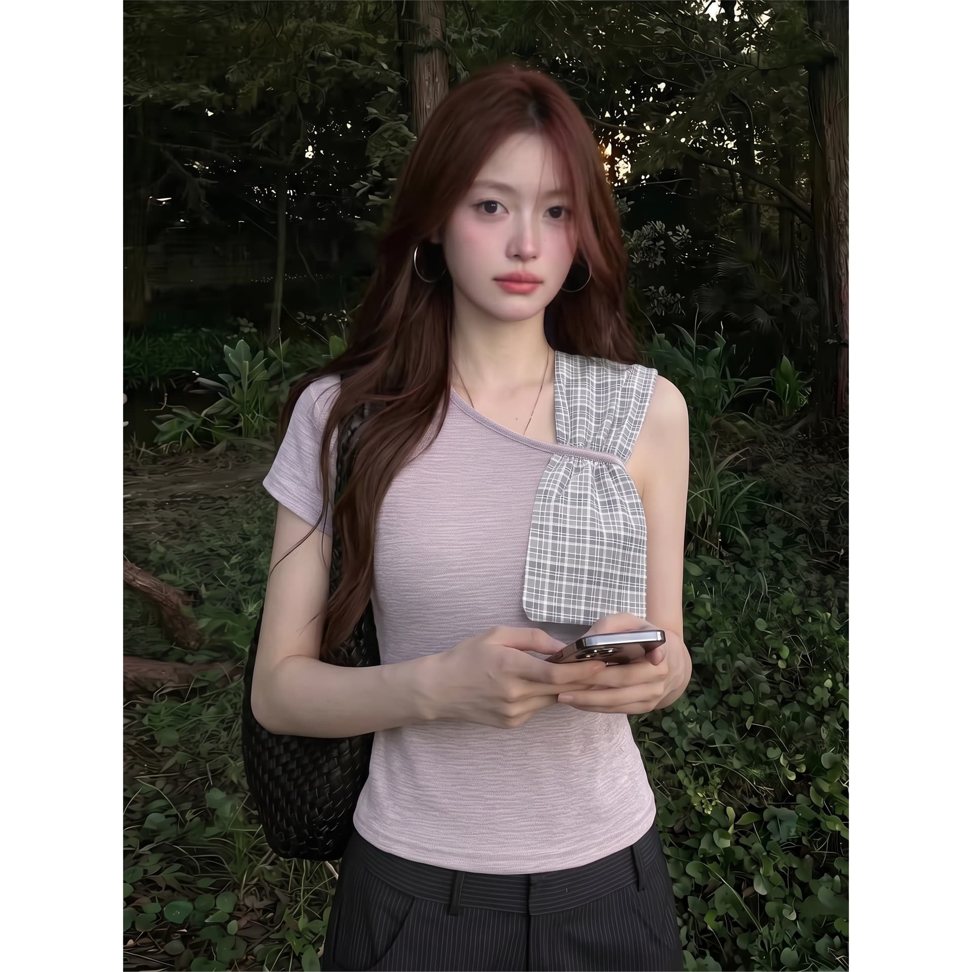 원본 광저우 원단 양면 주름 주름 면 한 부서 나비 매듭 반팔 티셔츠 이미지 5