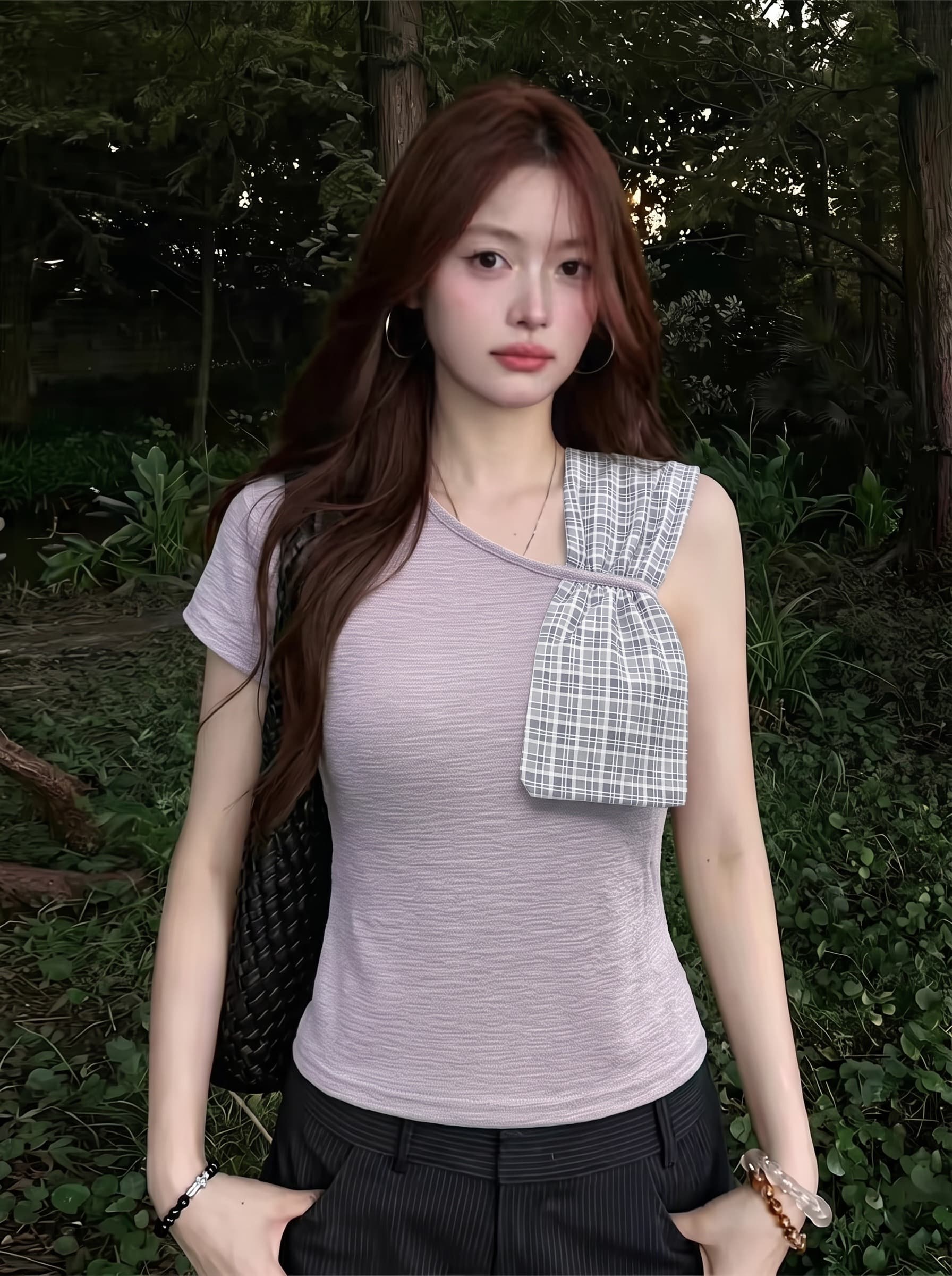 원본 광저우 원단 양면 주름 주름 면 한 부서 나비 매듭 반팔 티셔츠 상세 이미지 2