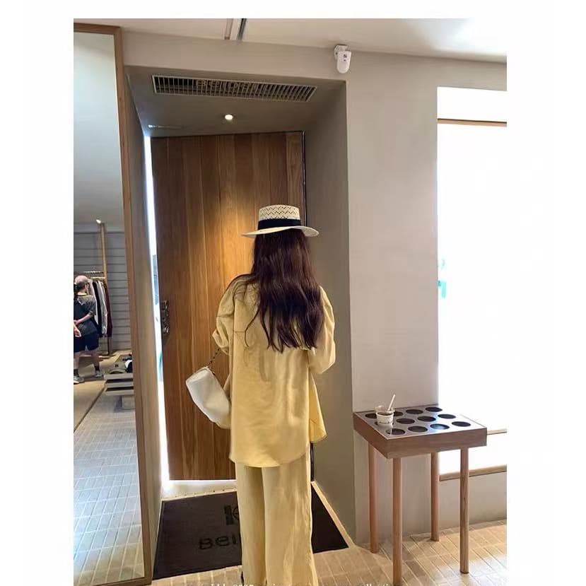 면 린넨 여성 오래된 돈 바람 착용 가져 가라. 고급 센스 세트 봄 여름 휴식 센스 느긋한 바람 자외선 차단 아마 셔츠 투피스 세트 이미지 5