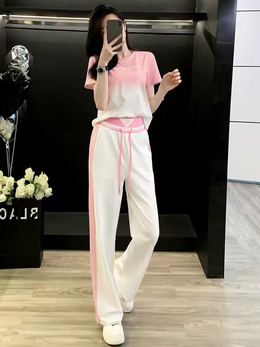 그라데이션 반팔 운동 바람 세트 여성 여름 2026 한국 스타일 트렌디 캐주얼 패션 와이드 레그 팬츠 투피스 세트 상세 이미지 3