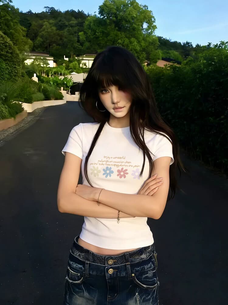 아메리칸 레트로 순면 긍정적 인 어깨 라운드 넥 프린트 반팔 티셔츠 상세 이미지 3