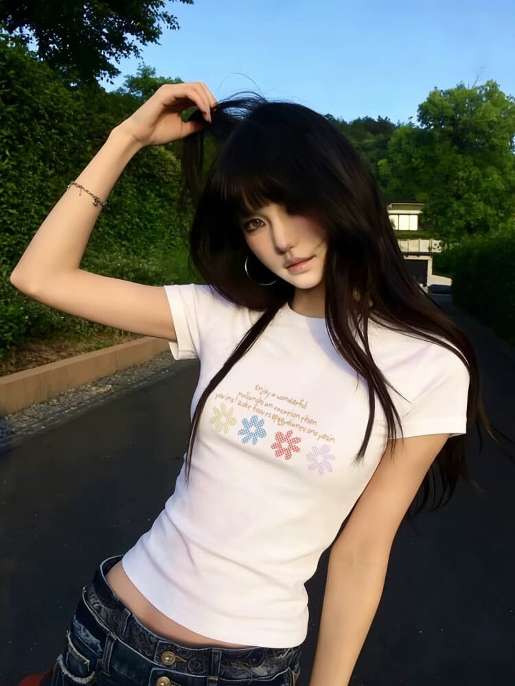 아메리칸 레트로 순면 긍정적 인 어깨 라운드 넥 프린트 반팔 티셔츠 상세 이미지 4