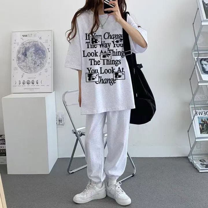단색 다양성 조수 브랜드 여성 의류 세트 두 조각 한국 스타일 라운드 넥 반팔 긴 바지 투피스 세트 2026 새로운 이미지 4