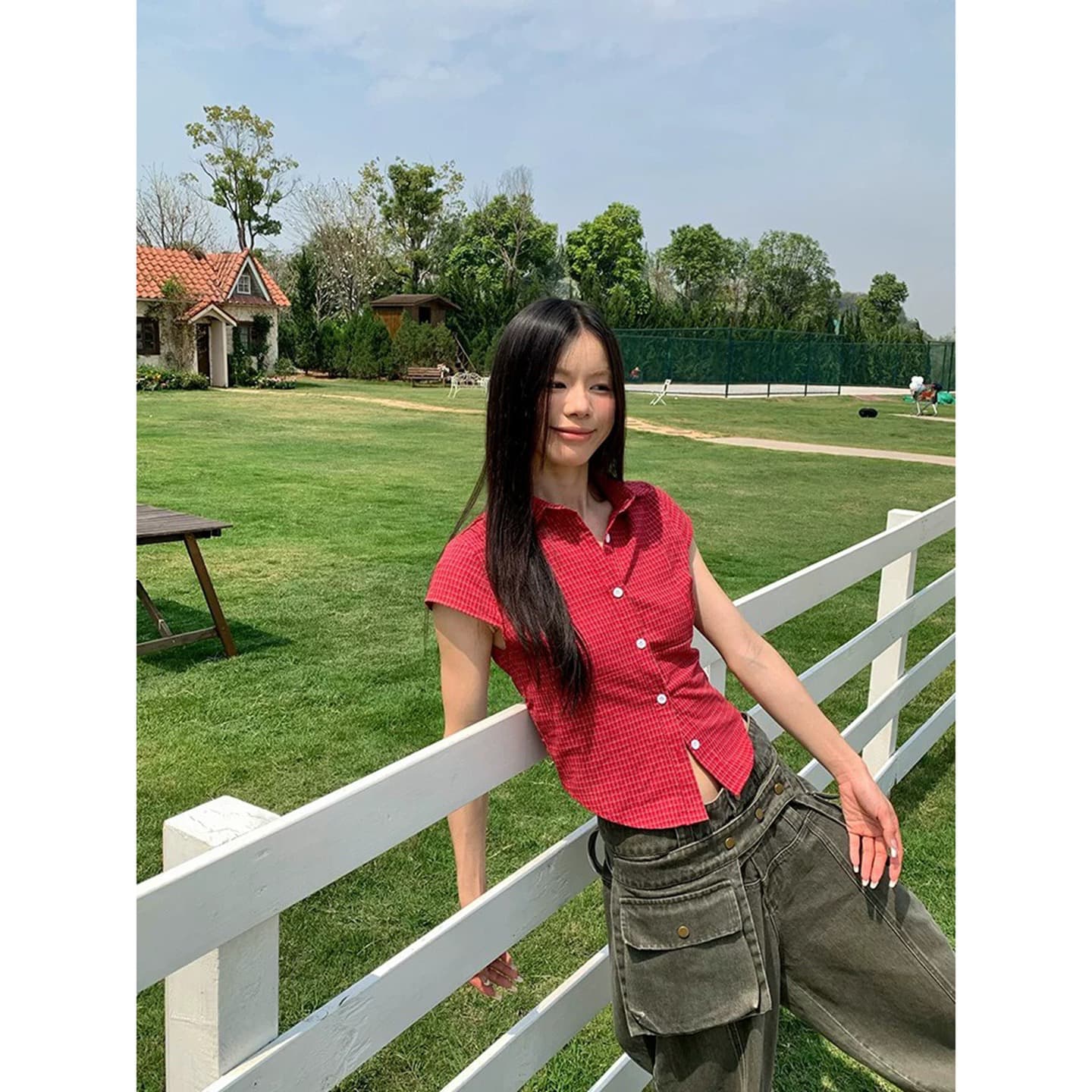 폴로 칼라 Feifei 소매 스트라이프 반팔 셔츠 허리 수축 맨위 상세 이미지 5