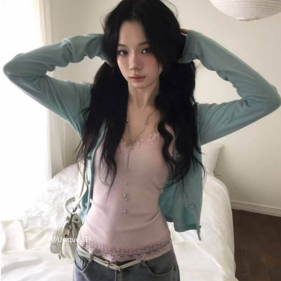 레이스 캐미솔 트위스트 곡물 긴팔 자외선 차단 오픈 가디건 맨위 투피스 세트