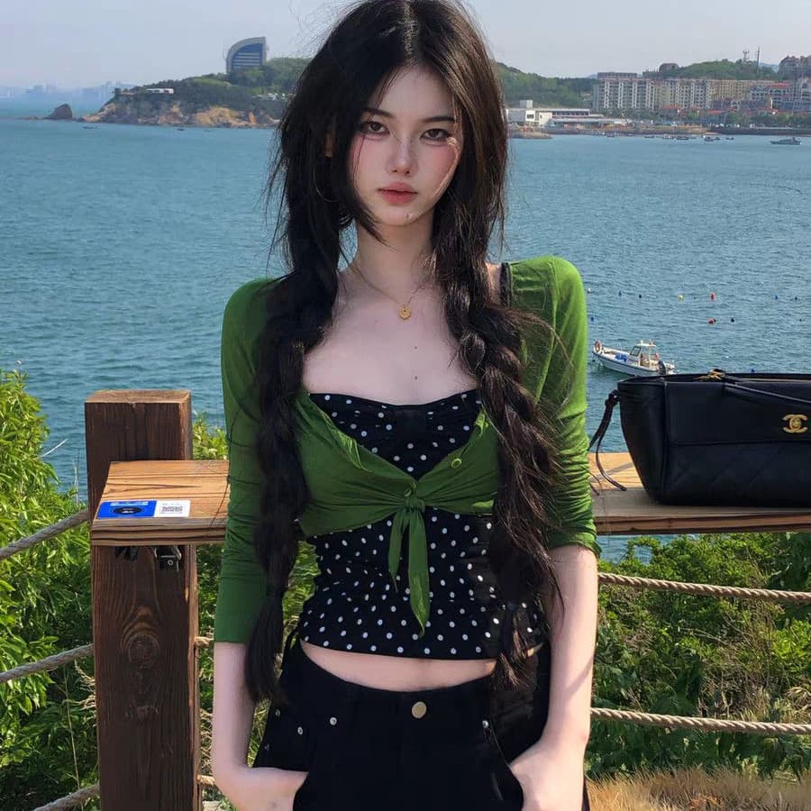 긴팔 V넥 단추 레이스업 오픈 가디건 초록 초록 맨위 블라우스 인사이드 가져 가라. 도트 무늬 투피스 조끼