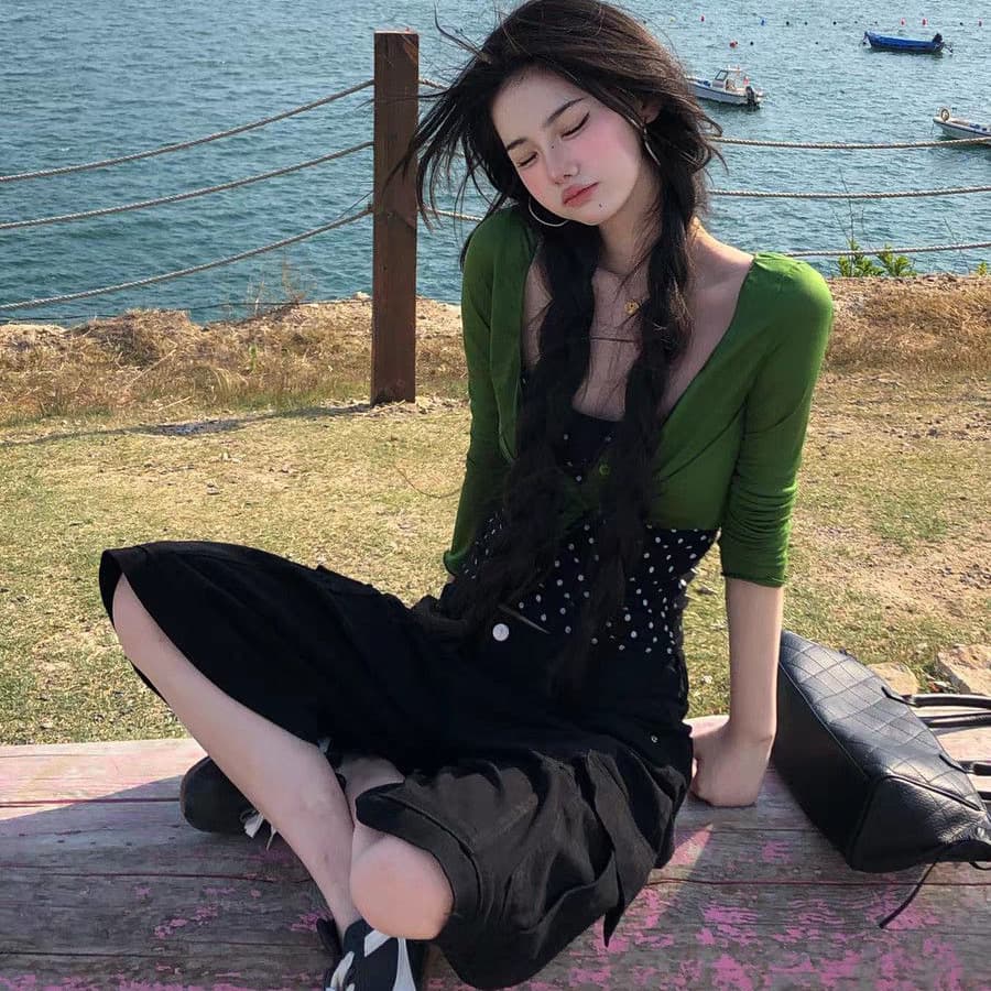 긴팔 V넥 단추 레이스업 오픈 가디건 초록 초록 맨위 블라우스 인사이드 가져 가라. 도트 무늬 투피스 조끼 이미지 5