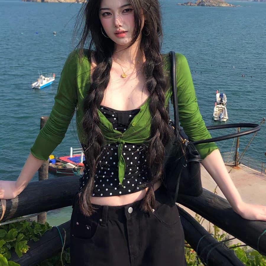 긴팔 V넥 단추 레이스업 오픈 가디건 초록 초록 맨위 블라우스 인사이드 가져 가라. 도트 무늬 투피스 조끼 상세 이미지 3