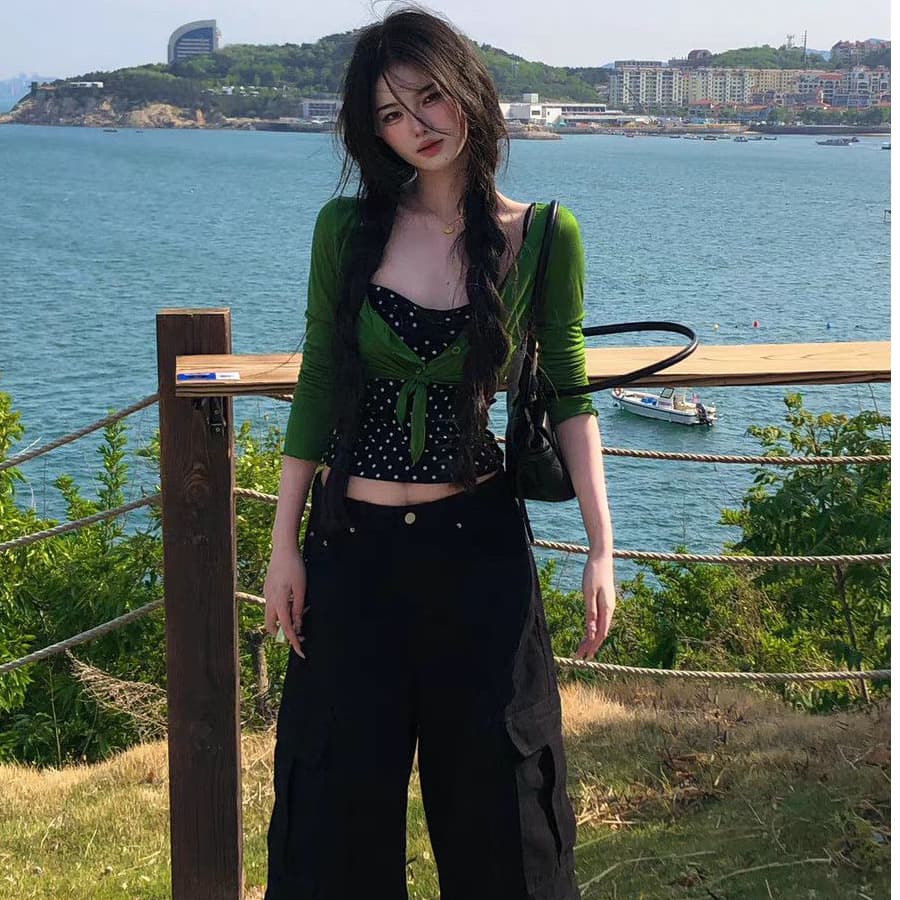 긴팔 V넥 단추 레이스업 오픈 가디건 초록 초록 맨위 블라우스 인사이드 가져 가라. 도트 무늬 투피스 조끼 상세 이미지 4