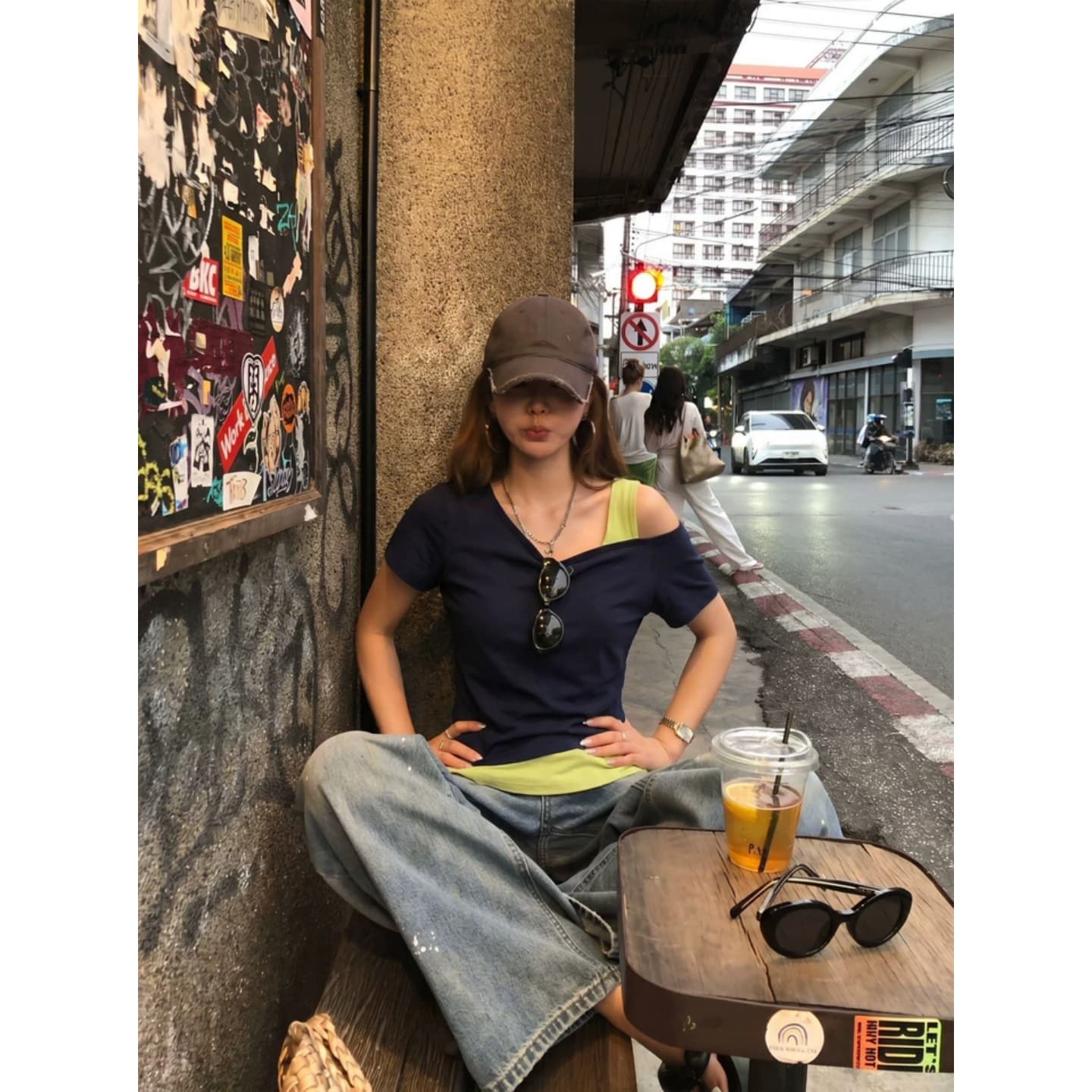 210 그램 40 좋은 면 몸매 가꾸기 허리 수축 이중층 패치워크 비스듬한 어깨 페이크 레이어드 상세 이미지 5