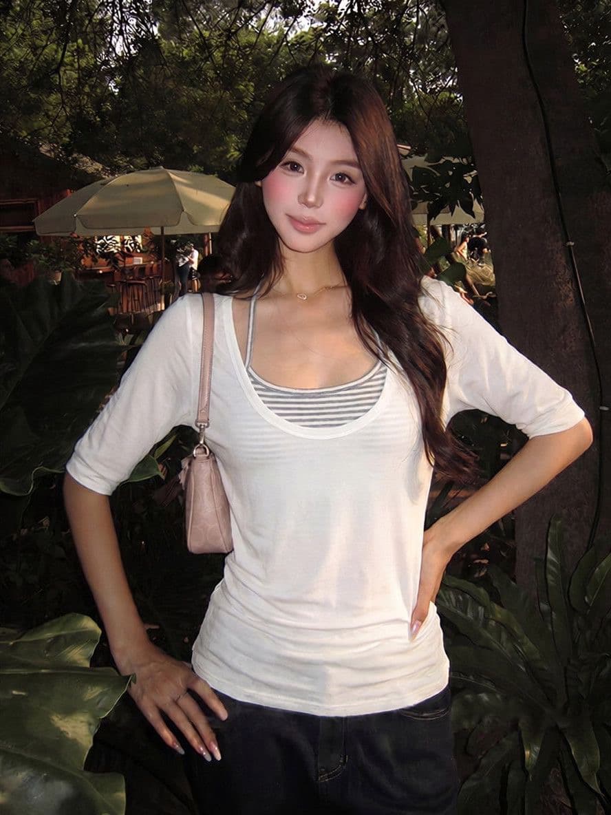 순수한 욕망 화이트 마이크로 ~을 통해 중간 소매 자외선 차단 블라우스 여성 여름 조끼 스택 착용 투피스 세트 상세 이미지 1