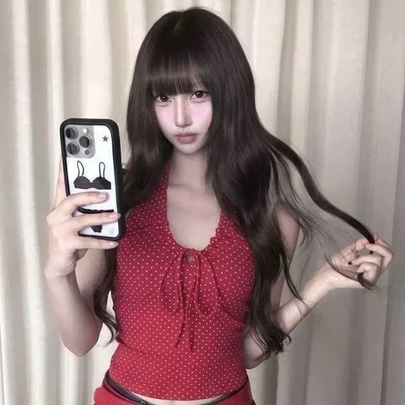 프랑스식 레트로 스타일 V넥 도트 무늬 스트랩 캐미솔 여름 새로운 행침 목 몸매 가꾸기 달콤한 핫걸 맨위 이미지 5
