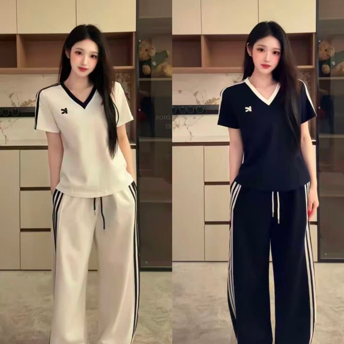 캐주얼 2026 여름 새로운 V넥 세트 클래식 섹션 외국 가스 패션 반팔 티셔츠 루즈핏 와이드 레그 팬츠 투피스 세트