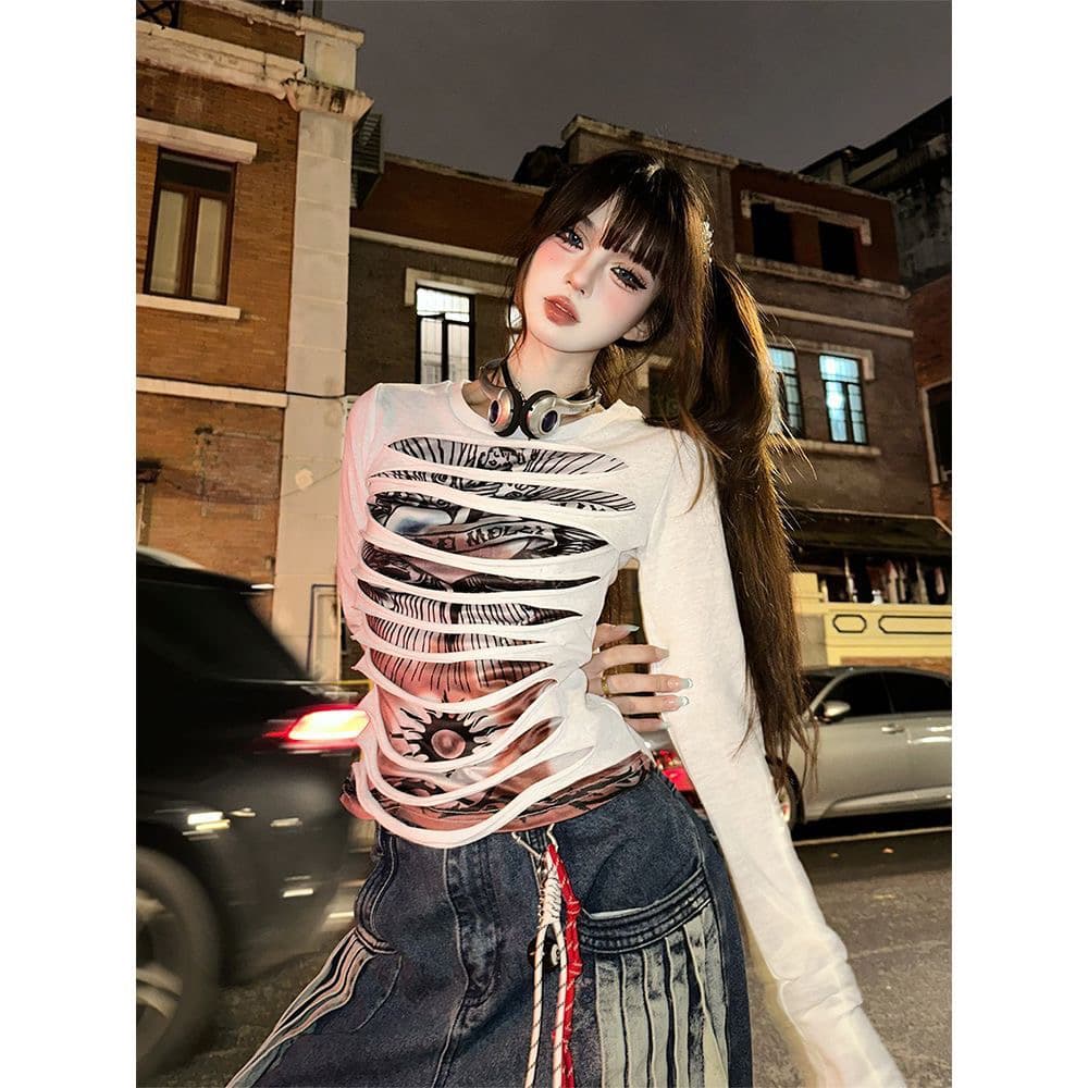 개성 거리 추세 차가운 바람의 소리 디자인 센스 펑크 핫걸 티셔츠 여성 가을 몸매 가꾸기 슬림해 보이는 고유 한 아름다운 맨위 상세 이미지 4