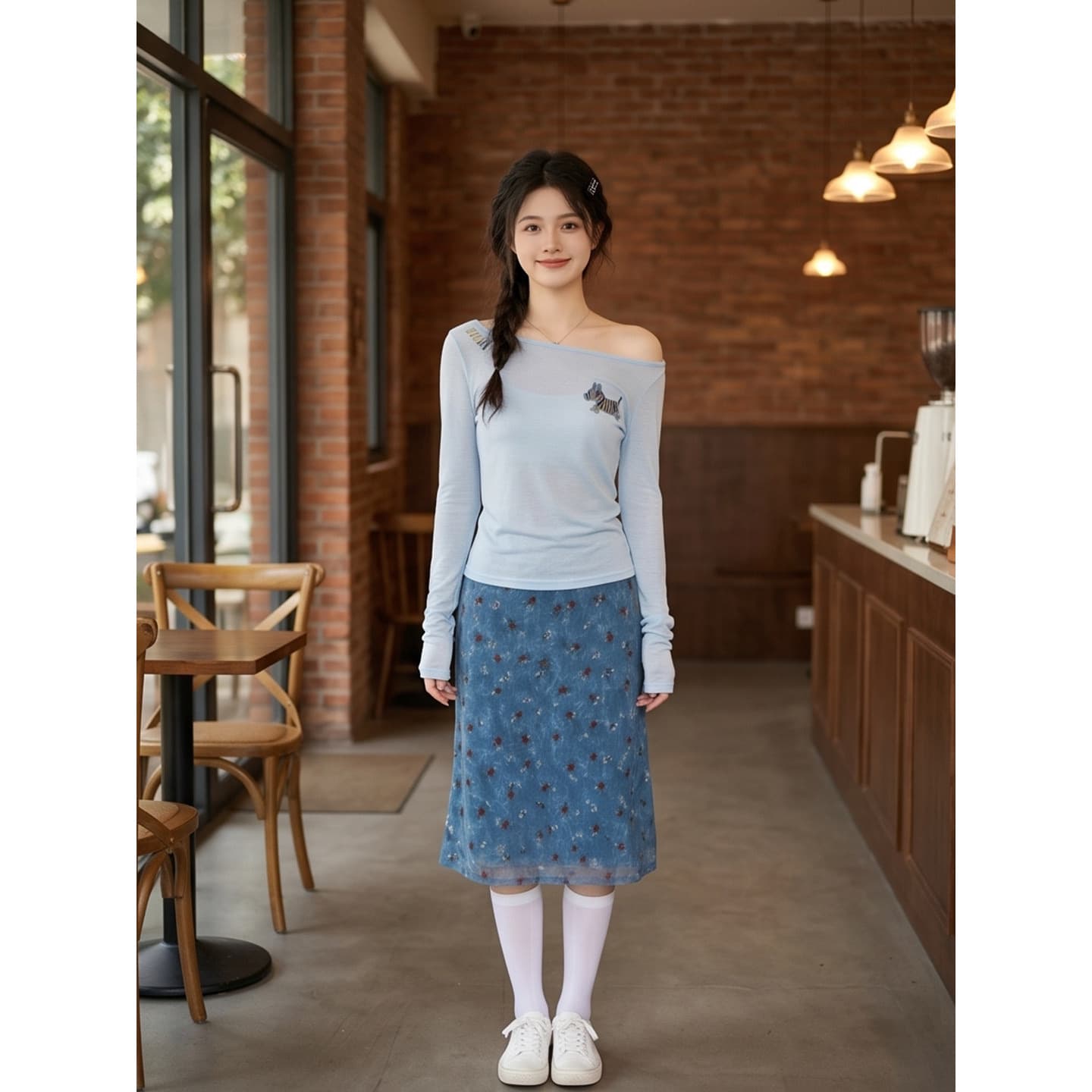 주간 실크 리브 달콤함 비스듬한 어깨 얇고 가벼운 티셔츠 여성 여름 새로운 루즈핏 캐주얼 슬림해 보이는 블라우스 이미지 3
