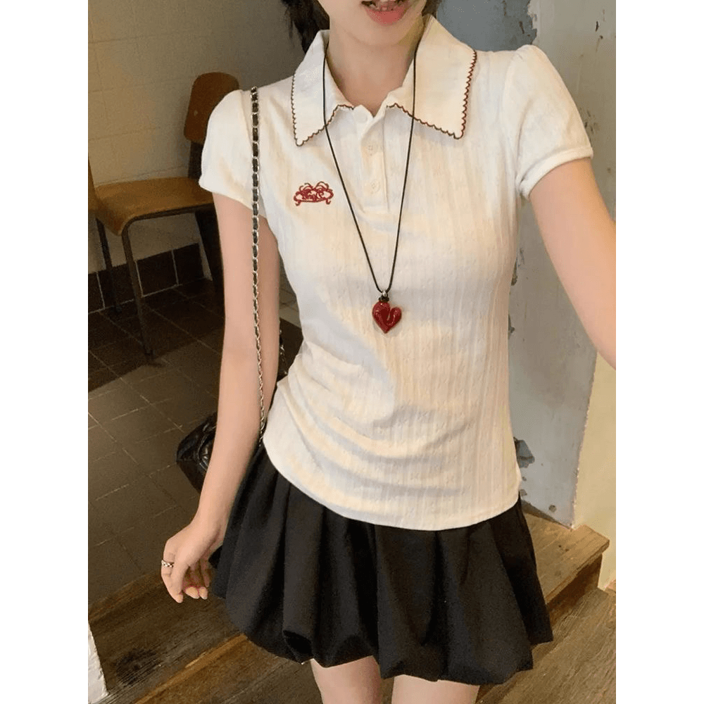 POLO 칼라 자수 긍정적 인 어깨 허리 수축 반팔 티셔츠 여성 몸매 가꾸기 맨위 이미지 5