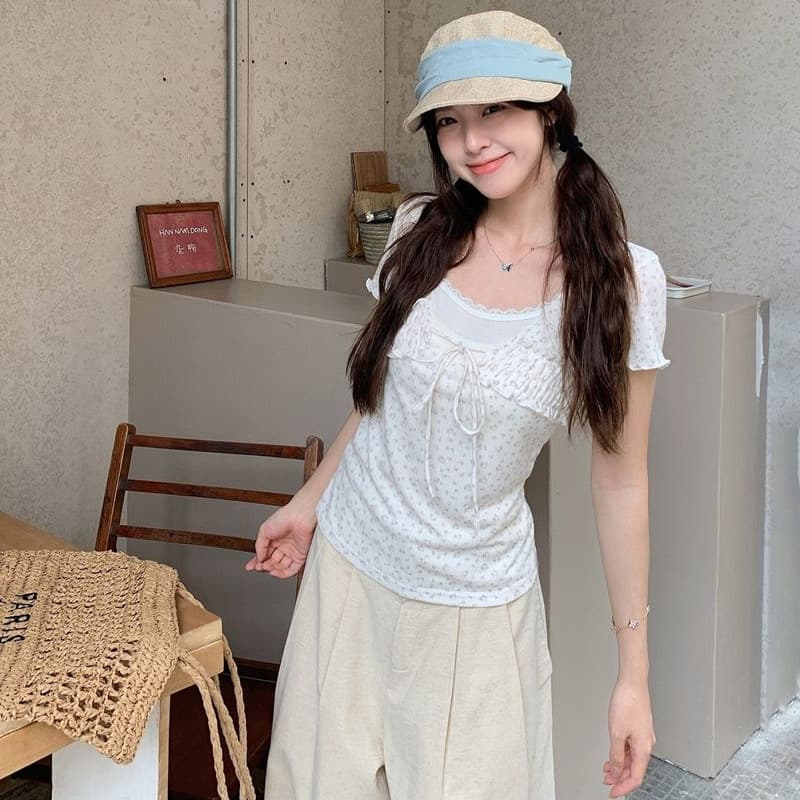 260 그램 사람들 면 모달 꽃무늬 페이크 레이어드 반팔 티셔츠 여성 몸매 가꾸기 맨위 이미지 2