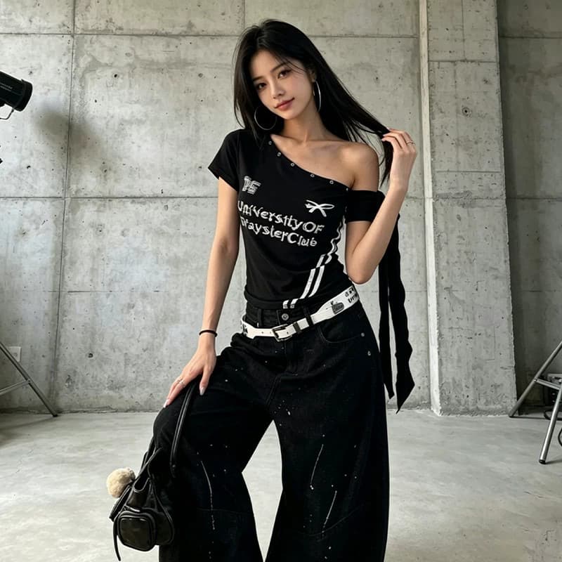 200그램 1 1 차가운 실크 코튼 알파벳 프린트 비스듬한 칼라 오프숄더 반팔 티셔츠 맨위 여름 이미지 5