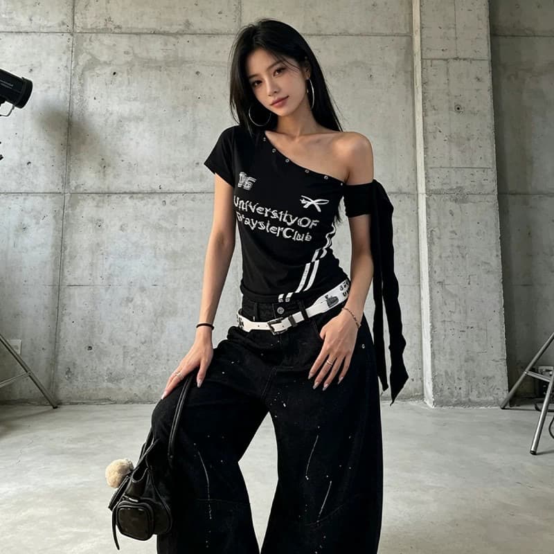 200그램 1 1 차가운 실크 코튼 알파벳 프린트 비스듬한 칼라 오프숄더 반팔 티셔츠 맨위 여름 상세 이미지 2