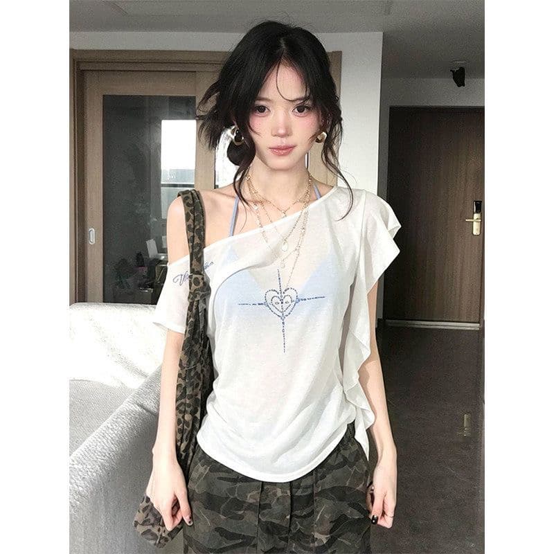 주간 실크 리브 스타일 핫걸 비대칭 프릴 비스듬한 어깨 얇은 스타일 통기성 섹시함 몸매 가꾸기 티셔츠