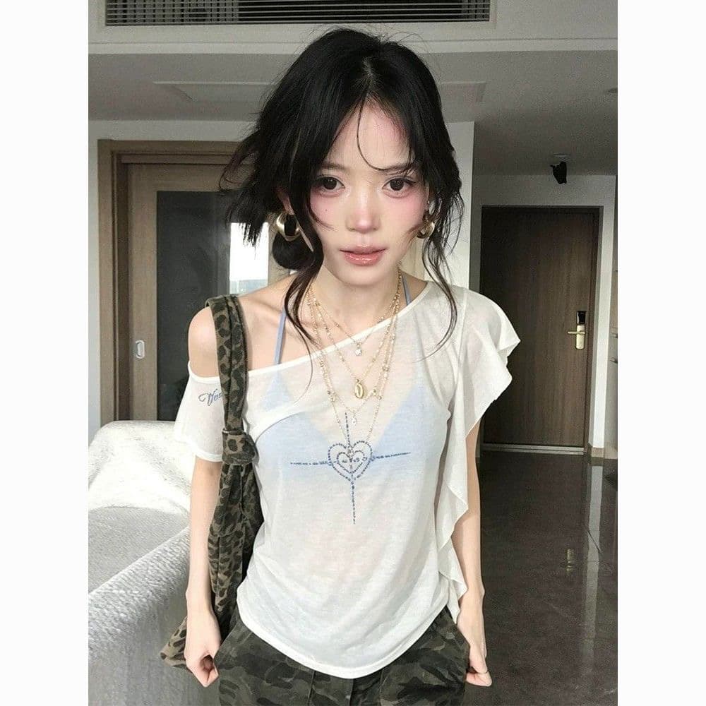 주간 실크 리브 스타일 핫걸 비대칭 프릴 비스듬한 어깨 얇은 스타일 통기성 섹시함 몸매 가꾸기 티셔츠 상세 이미지 2
