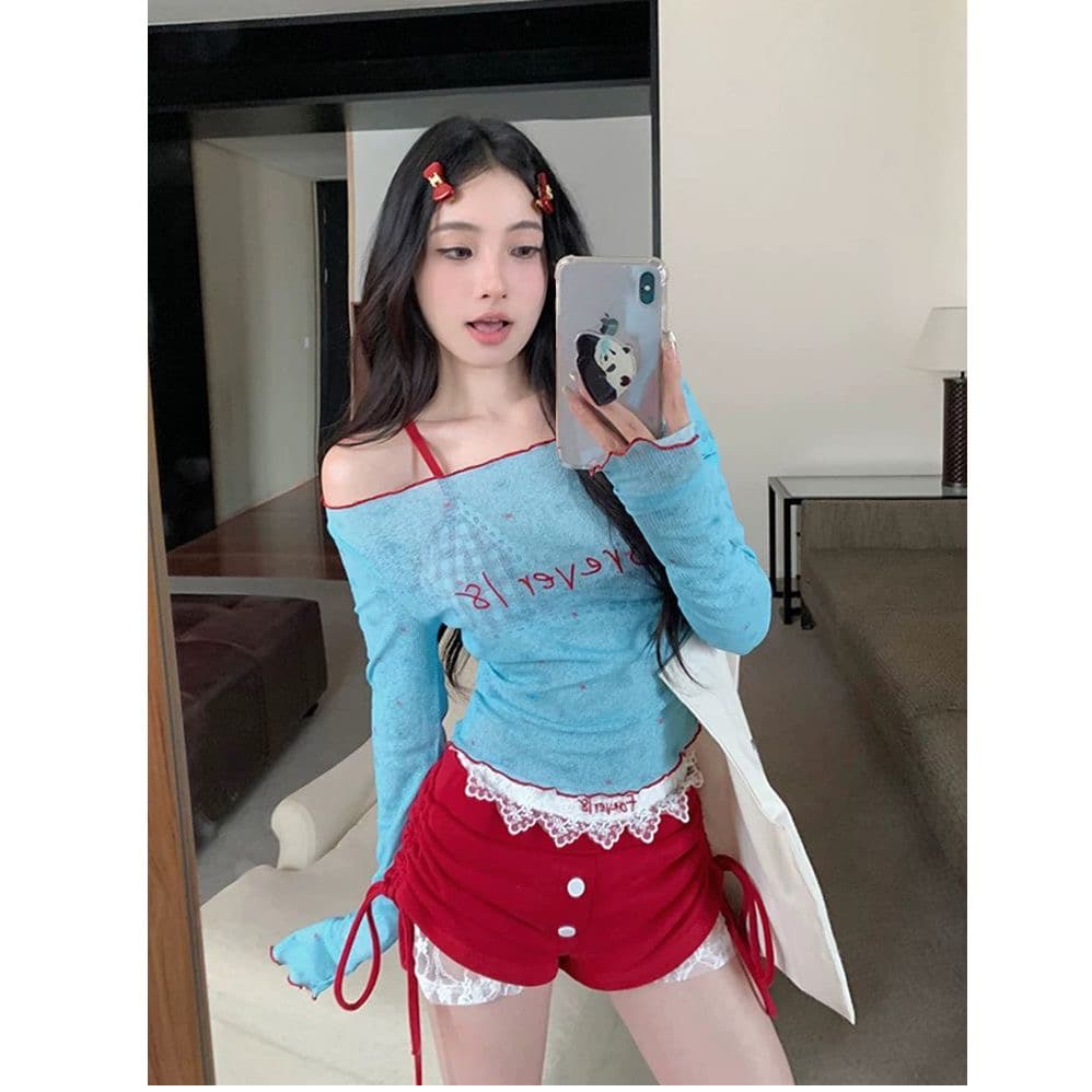 오프숄더 얇은 스타일 자수 긴팔 몸매 가꾸기 티셔츠 여성 여름 핫걸 작은 대중 파란색 쇼트 스타일 자외선 차단 블라우스 상세 이미지 1