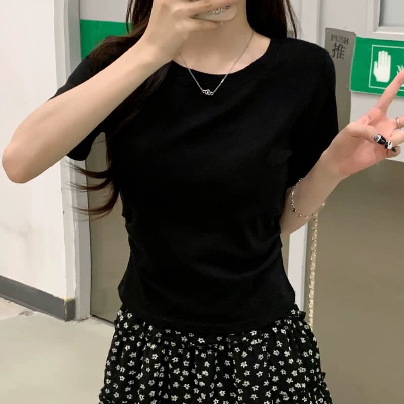 한 부서 외국 가스 chic Chic 불규칙 주름 쇼트 스타일 티셔츠 여성 다용도 몸매 가꾸기 티셔츠 연령 감소 반팔 맨위 이미지 4