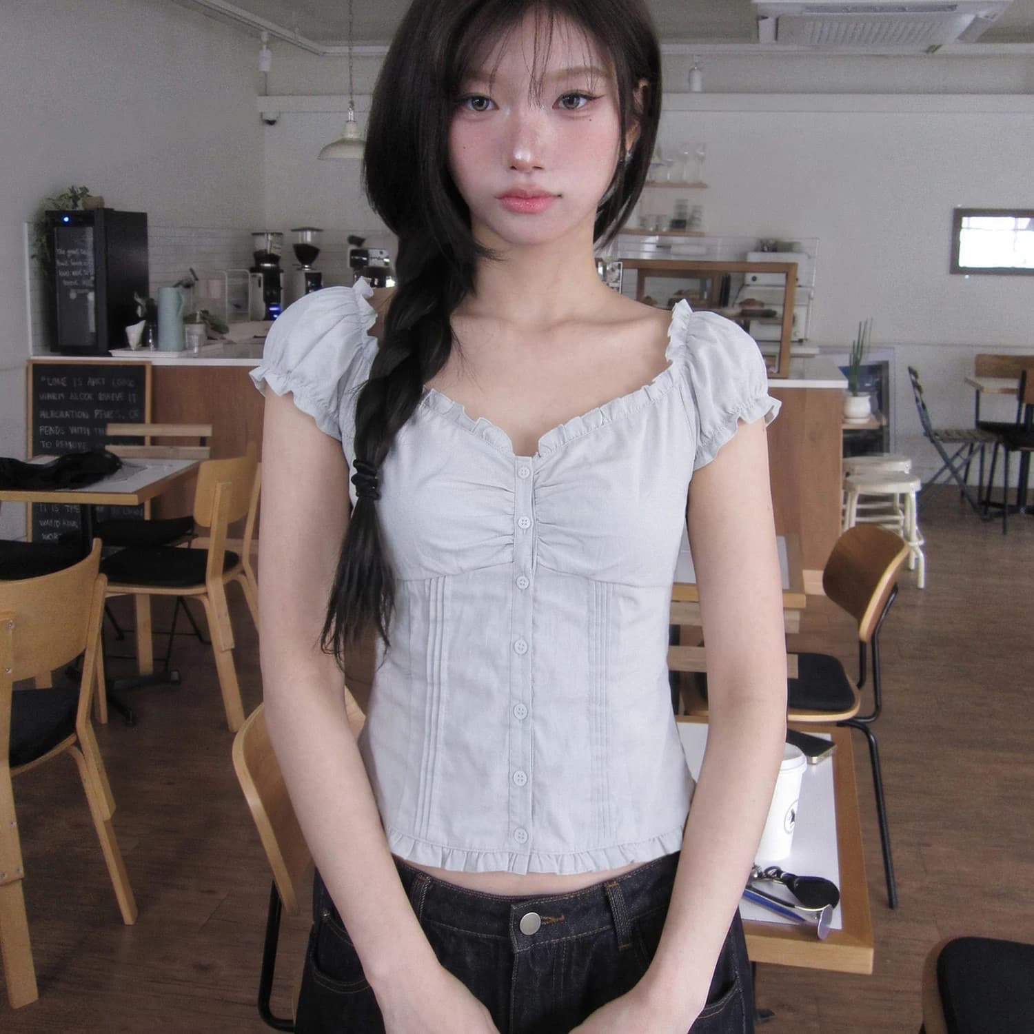 프랑스식 프릴 광장 칼라 거품 소매 셔츠 반팔 티셔츠 여성 여름 품격 작은 셔츠 몸매 가꾸기 쇼트 스타일 허리 수축 맨위 상세 이미지 4