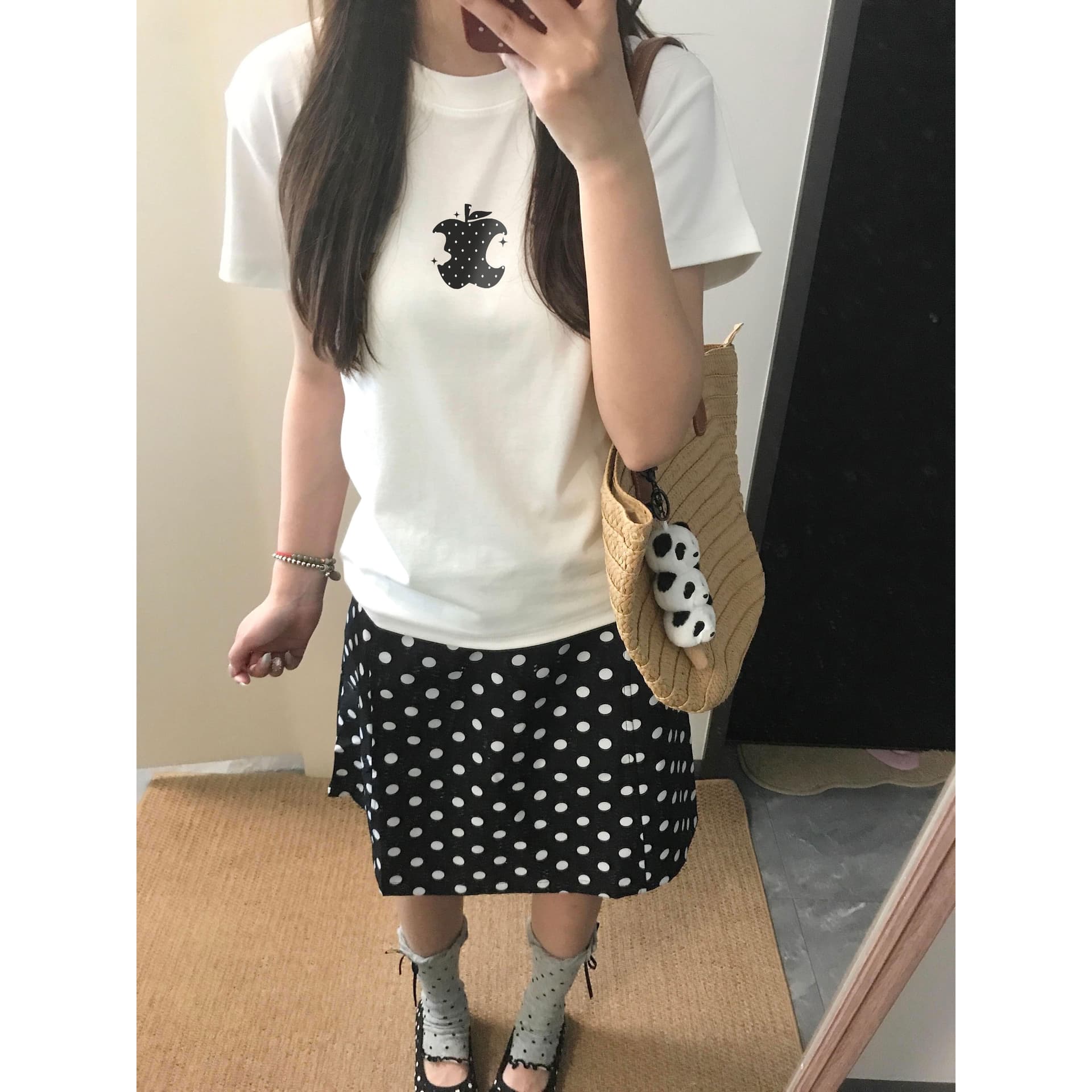 아메리칸 레트로 긍정적 인 어깨 라운드 넥 프린트 반팔 티셔츠 이미지 5