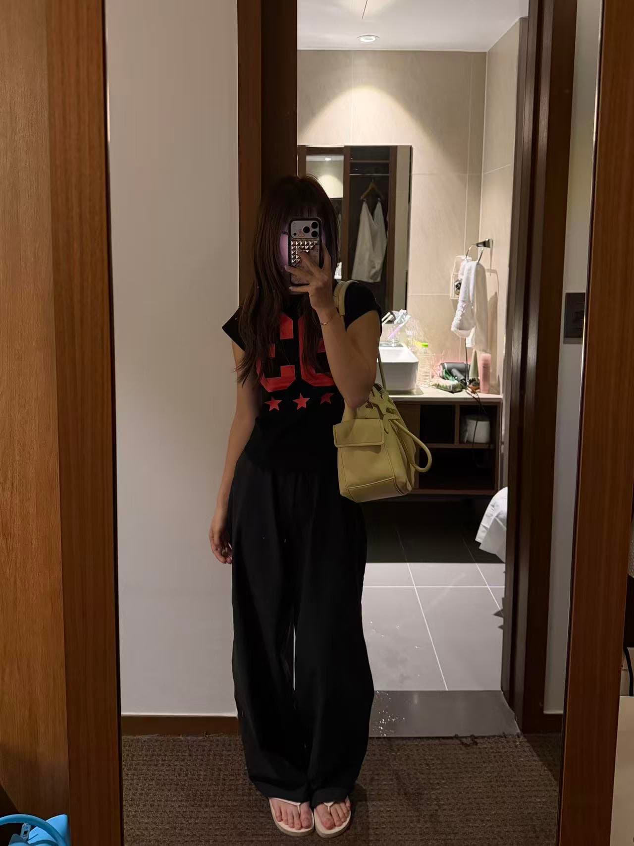 아메리칸 레트로 긍정적 인 어깨 라운드 넥 프린트 반팔 티셔츠 이미지 2