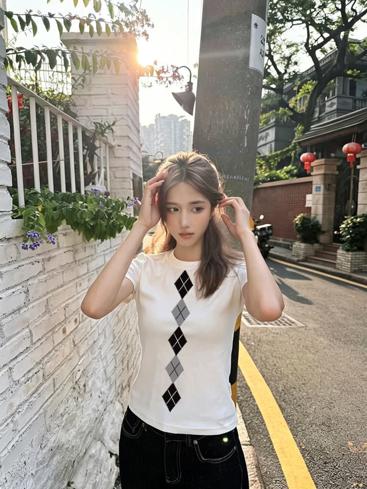 아메리칸 레트로 긍정적 인 어깨 라운드 넥 프린트 반팔 티셔츠 이미지 2
