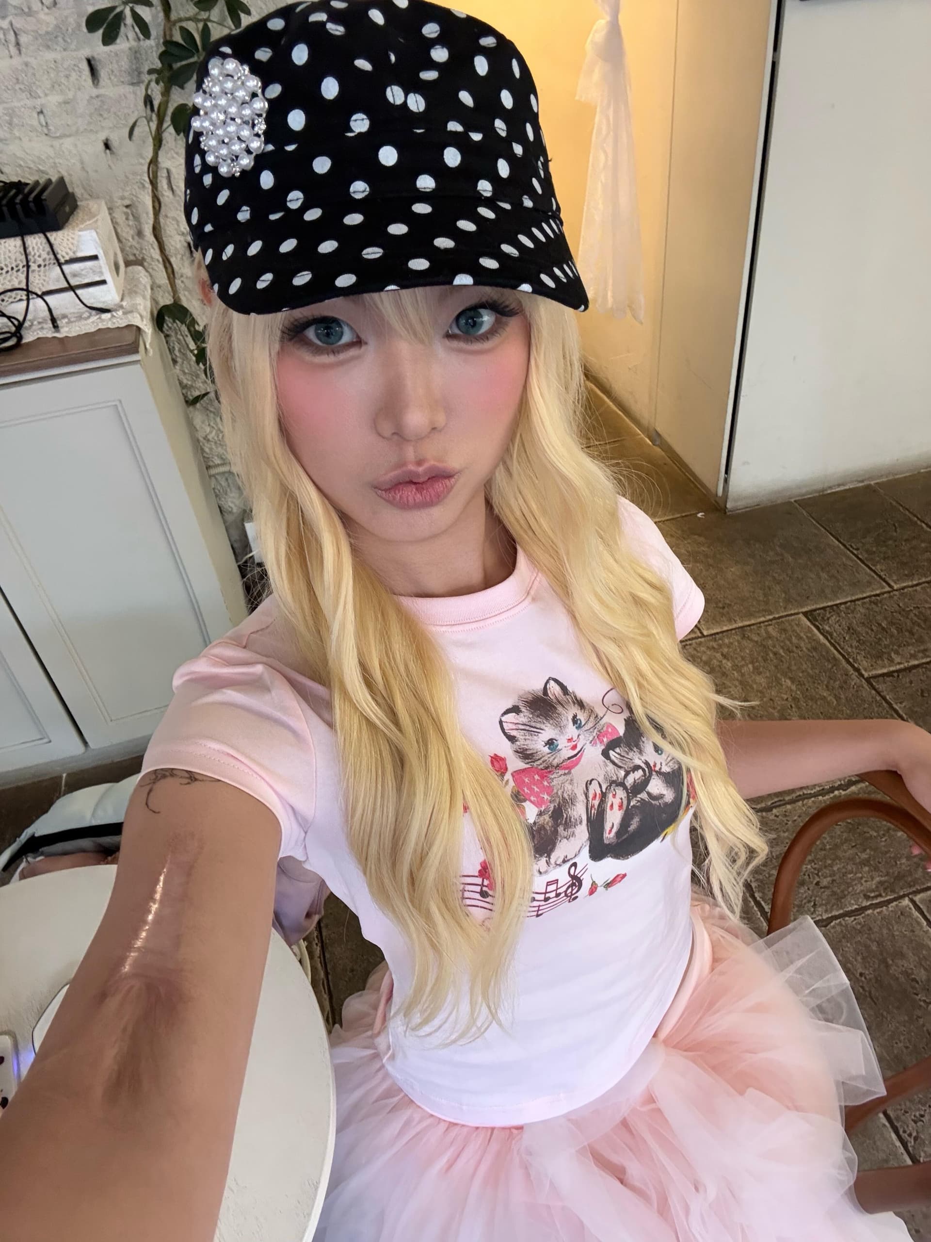 아메리칸 레트로 긍정적 인 어깨 라운드 넥 프린트 반팔 티셔츠 이미지 2