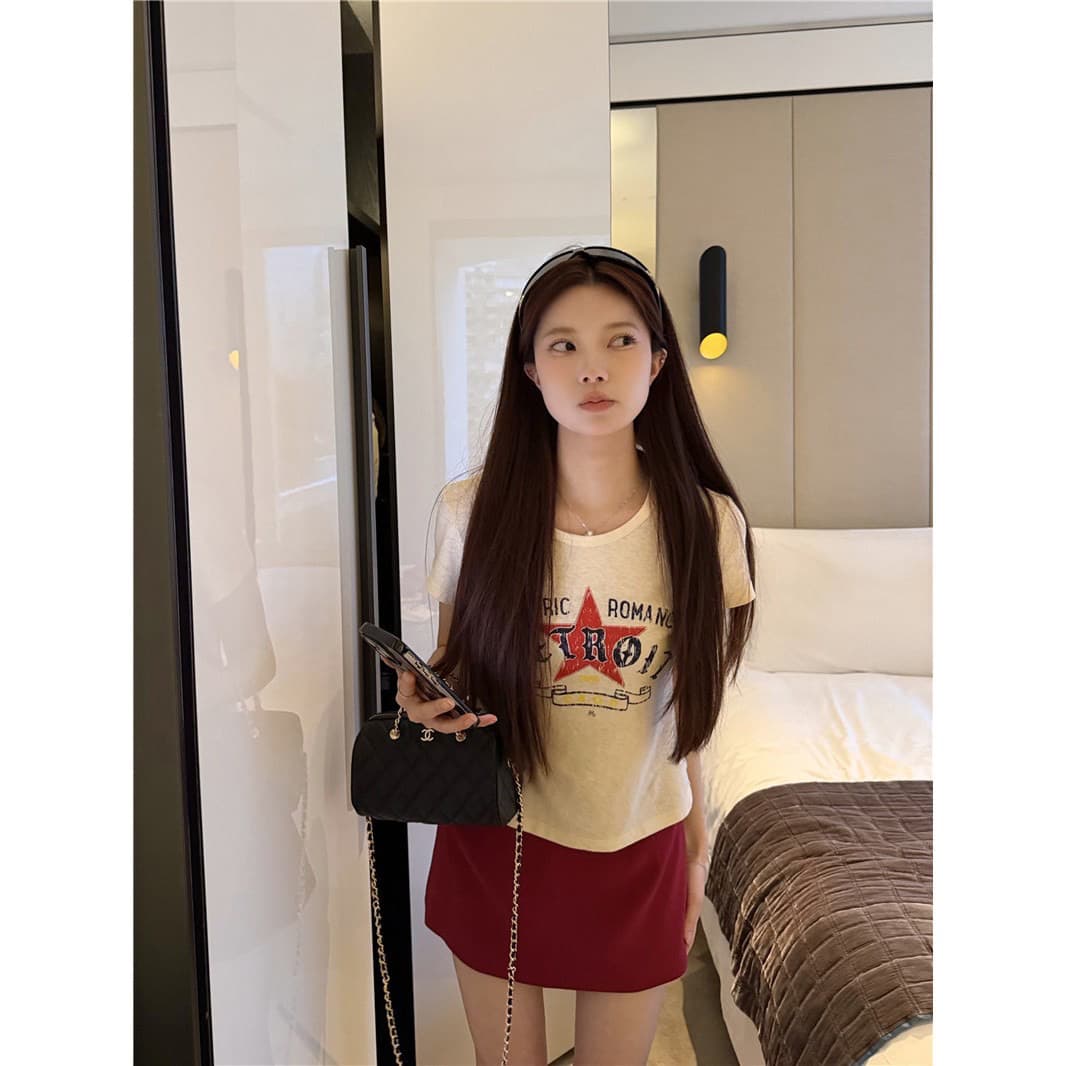165g 눈꽃 면 75 집결하다 섬유 25 아메리칸 레트로 스타일 한 부서 오각형 별 다용도 쇼트 스타일 티셔츠 이미지 5