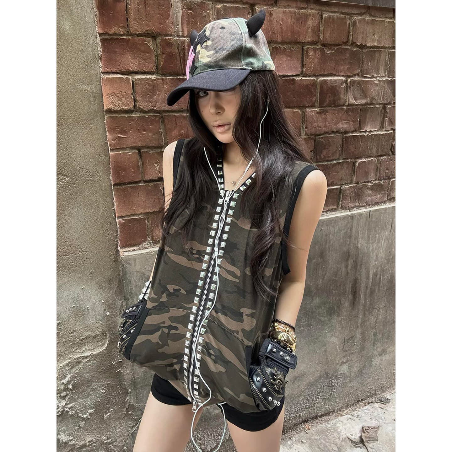거리 바람 카모플라주 후드 조끼 여성 여름 배색 징 핫픽스 민소매 티셔츠 오픈 가디건 시각 부서 맨위 y