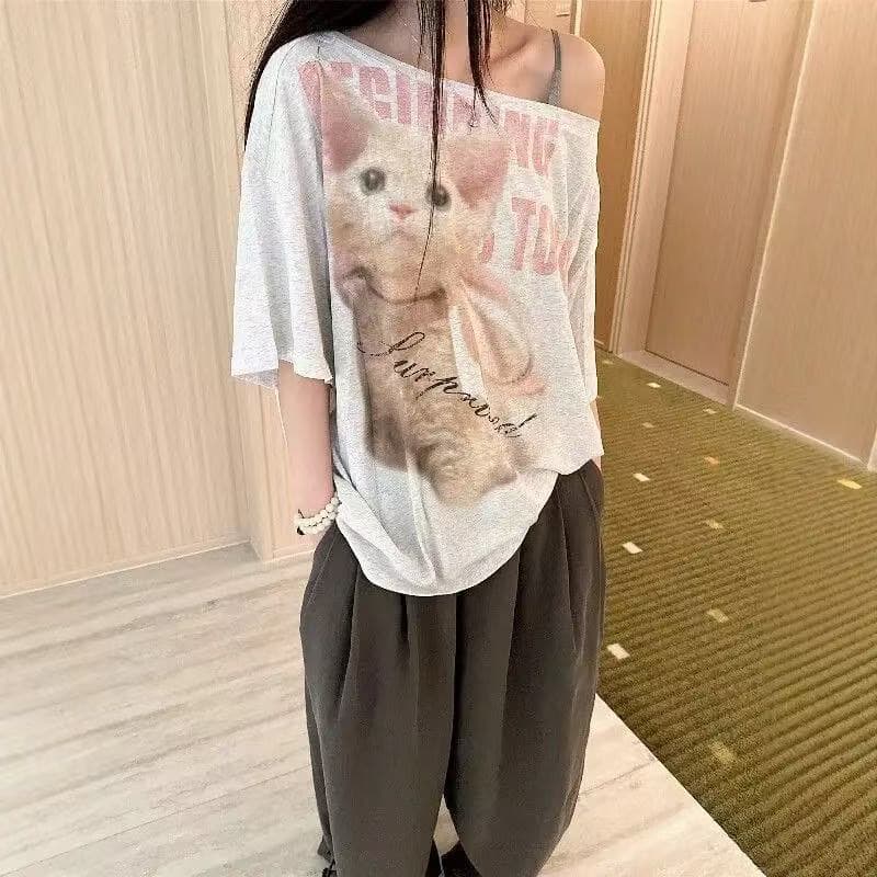 220g 순면 프린트 알파벳 비스듬한 어깨 새는 어깨 반팔 티셔츠 여성 상세 이미지 4