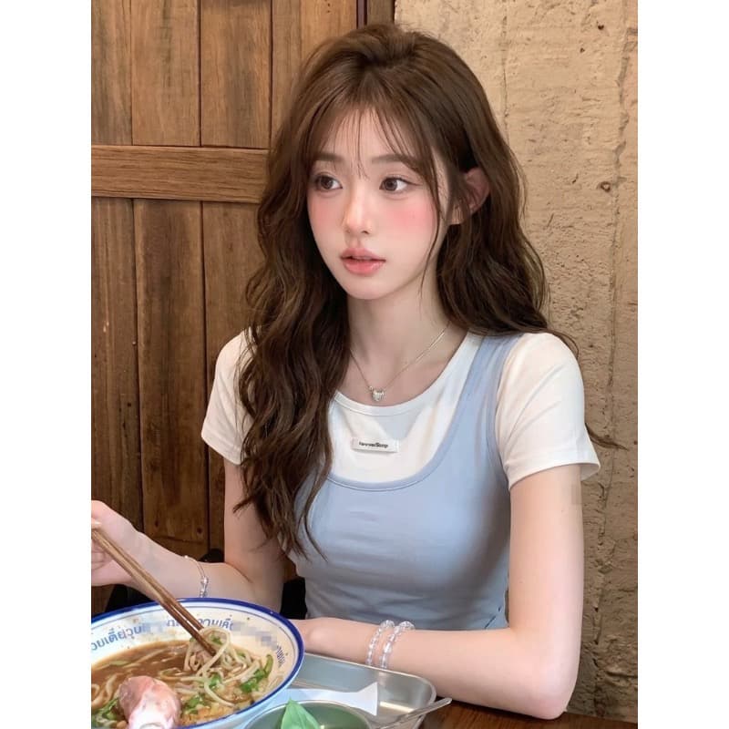 광저우 사람들 면 200그램 200그램 흔들어서 톤 원본 것 페이크 레이어드 반팔 티셔츠 여성