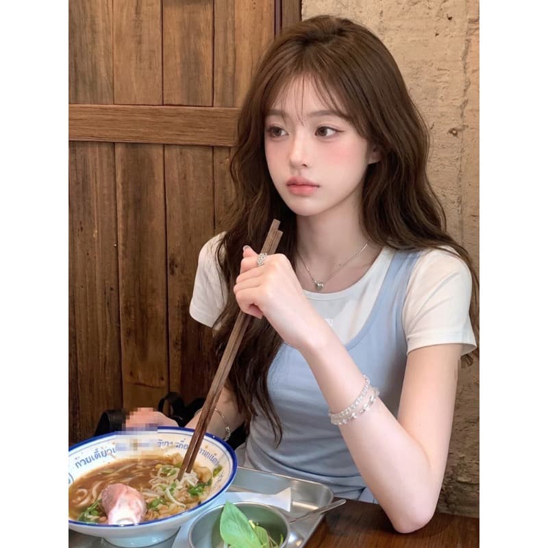 광저우 사람들 면 200그램 200그램 흔들어서 톤 원본 것 페이크 레이어드 반팔 티셔츠 여성 이미지 2