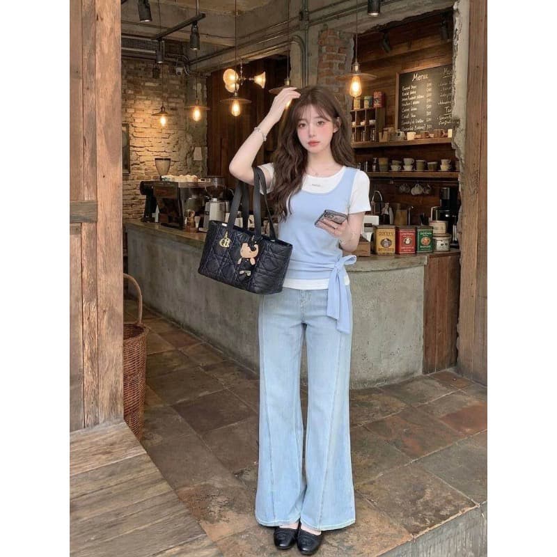 광저우 사람들 면 200그램 200그램 흔들어서 톤 원본 것 페이크 레이어드 반팔 티셔츠 여성 이미지 3