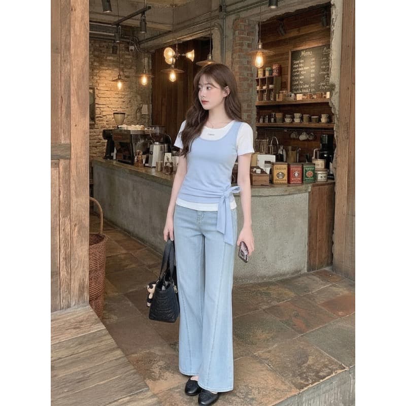 광저우 사람들 면 200그램 200그램 흔들어서 톤 원본 것 페이크 레이어드 반팔 티셔츠 여성 이미지 4