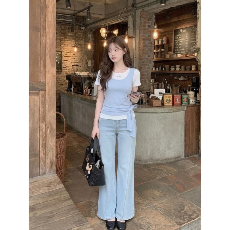 광저우 사람들 면 200그램 200그램 흔들어서 톤 원본 것 페이크 레이어드 반팔 티셔츠 여성 상세 이미지 5