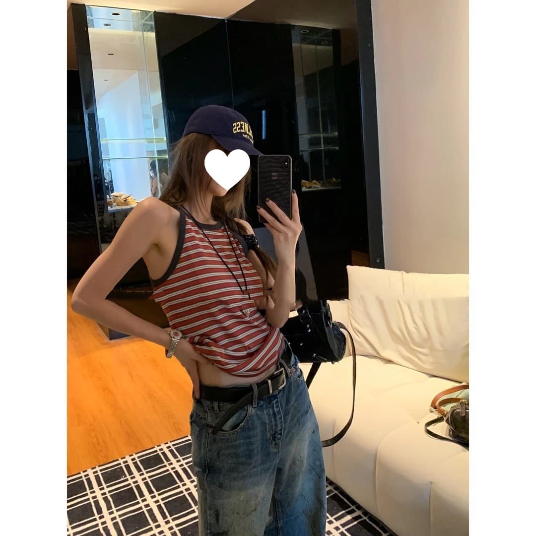 원본 광저우 원단 한 부서 레트로 스트라이프 행침 목 발굴하다 어깨 조끼 여성 2026 여름 새로운 배색