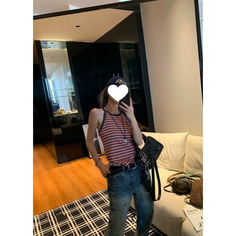 원본 광저우 원단 한 부서 레트로 스트라이프 행침 목 발굴하다 어깨 조끼 여성 2026 여름 새로운 배색 이미지 4