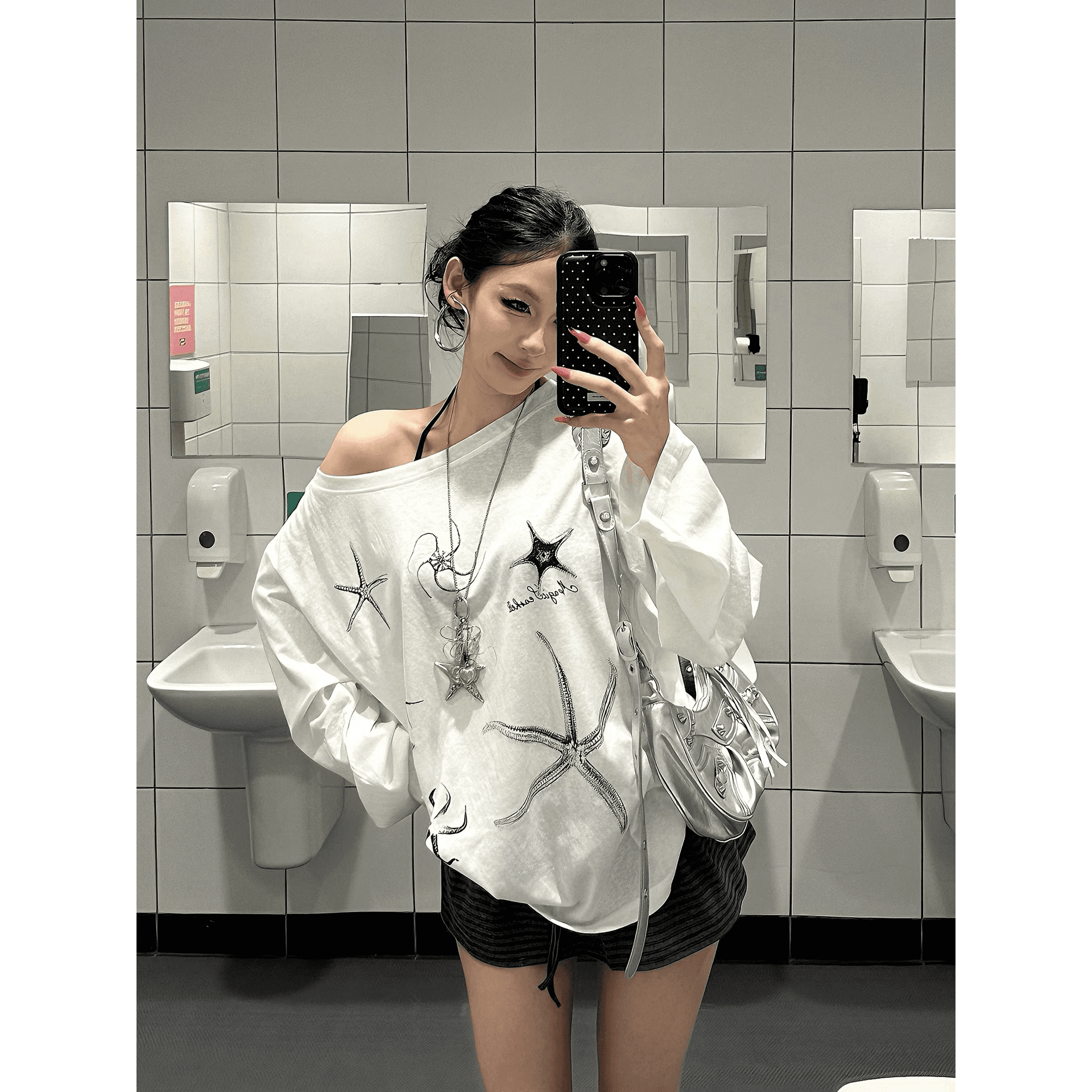 아메리칸 레트로 비스듬한 어깨 긴팔 티셔츠 섬 블라우스 루즈핏 느긋한 바람 휴가 만나는 인사이드 가져 가라. 여성 ins 이미지 5