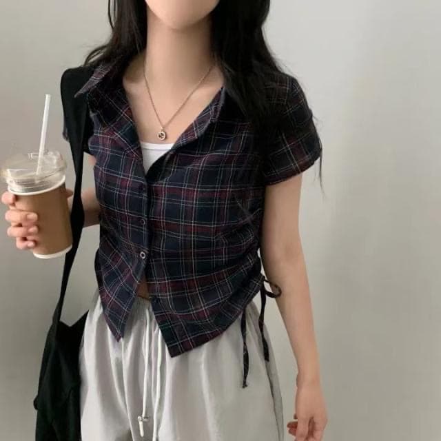 한 부서 체크무늬 반팔 싱글 줄 버튼 여성 셔츠 밑단 펌프 Pleat 펌프 로프 디자인 연령 감소 맨위 셔츠 이미지 4