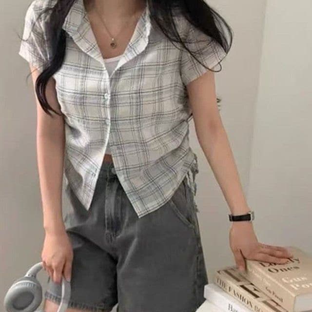 한 부서 체크무늬 반팔 싱글 줄 버튼 여성 셔츠 밑단 펌프 Pleat 펌프 로프 디자인 연령 감소 맨위 셔츠 상세 이미지 6