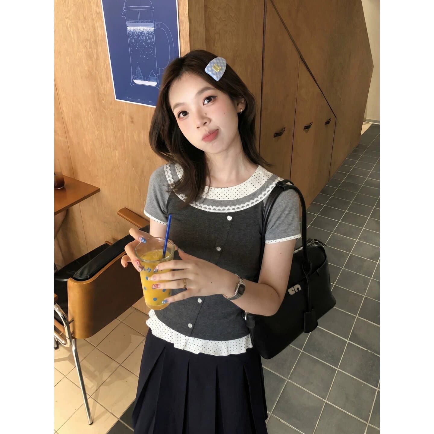 210 그램 40 좋은 면 반팔 티셔츠 일반 몸매 가꾸기 레이스 조각 페이크 레이어드